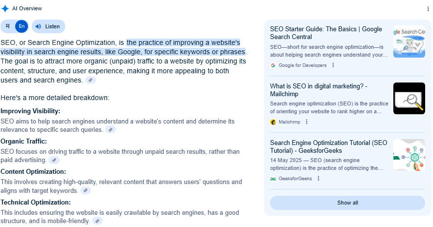 Ai What is SEO overview Google AI Overview of What is SEO prompt