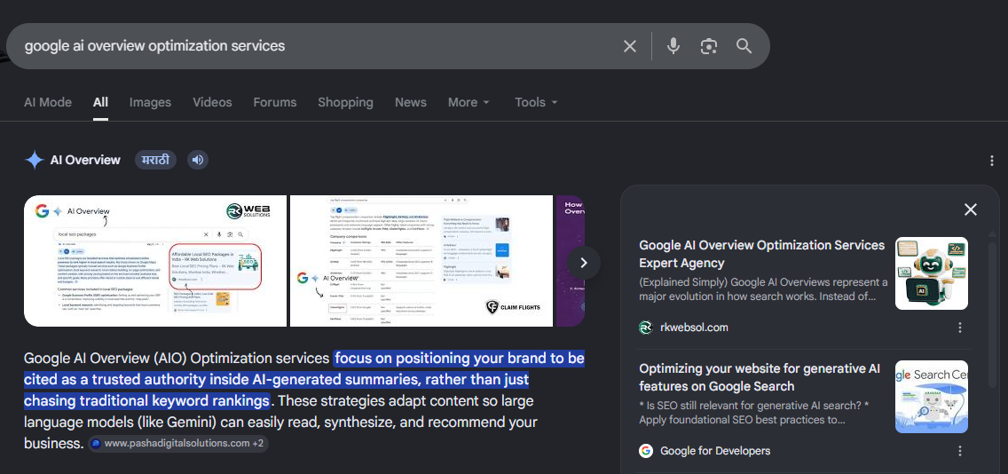Google search results for 'google ai overview optimization services' showing RK Web Solutions cited in AI Overview and ranked #1 organically
