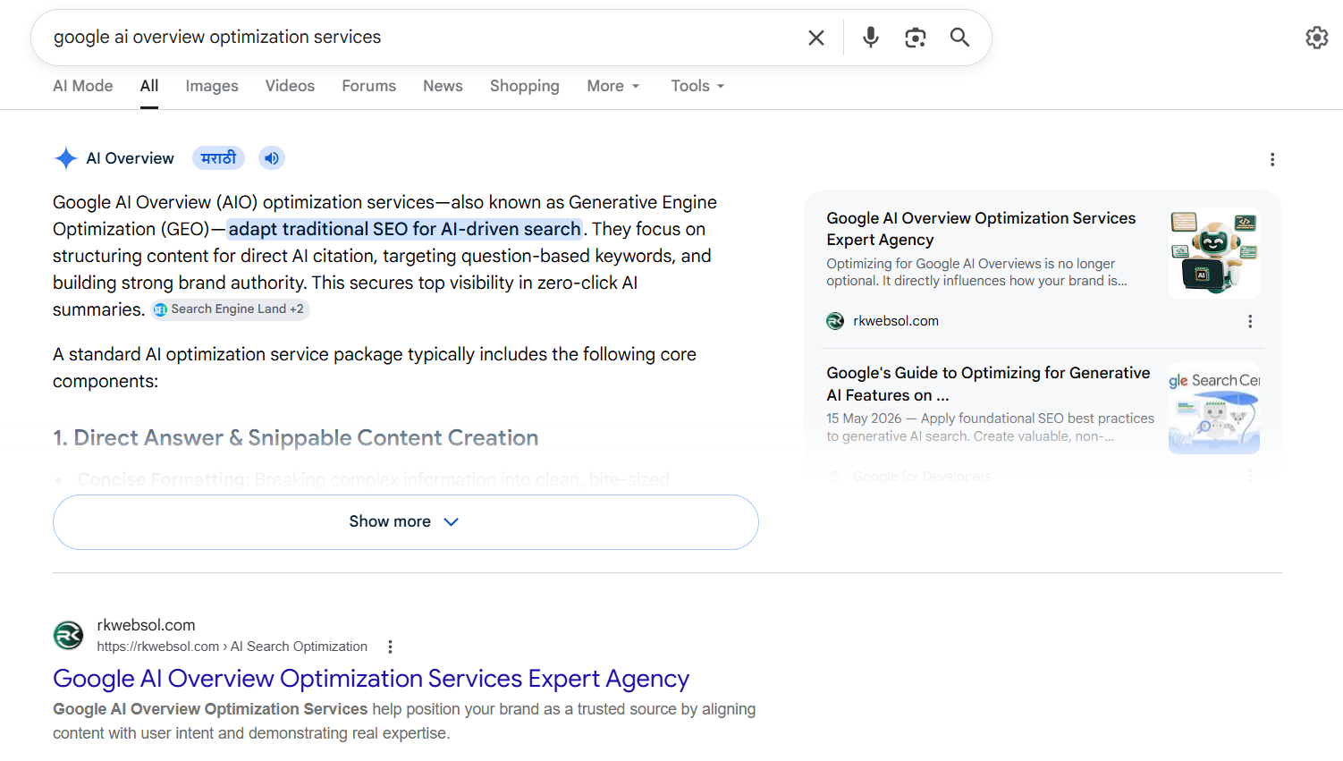 Google AI Overview and #1 Organic Search Ranking Proof for RK Web Solutions